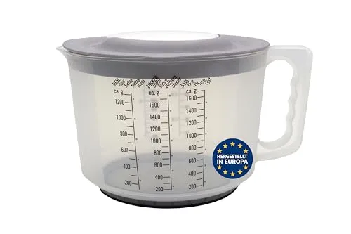 mucHome 3in1 Messbecher 2L Rührbecher mit Spritzschutz, Verschlussdeckel und Ausgießer - Rührschüssel aus Kunststoff mit gummierter Boden zum Kochen und Backen - Qualitätsprodukt aus Europa (Grau)