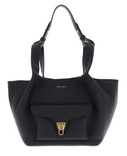 COCCINELLE Beat Shopping Double Grainy Leather Handbag S Tasche Noir / Cognac