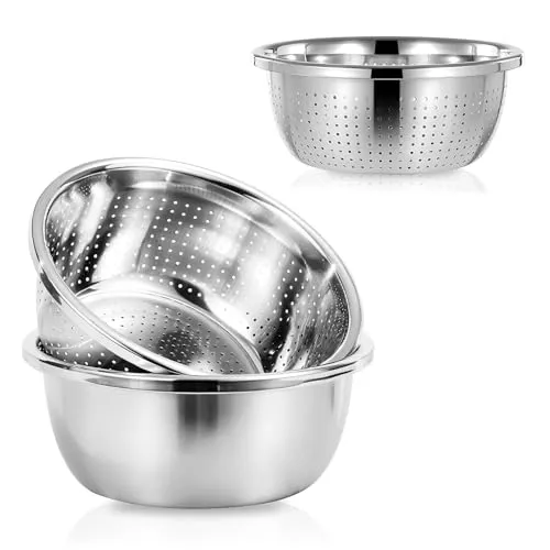 Stück Edelstahl Seiher Schüsselset, Ø26/22cm Küchensieb 26cm Rührschüssel Nudelsieb Durchschlag Sieb Set Reissieb Metallsieb zum Waschen von Reis Salat Obst Gemüse 3