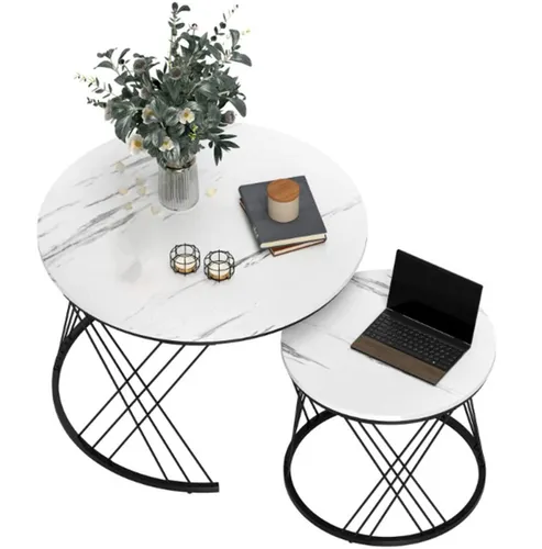 2er-Set Couchtische,Runde Kaffeetische für Wohnzimmer, ineinanderstellbar, Sofatisch Weiß