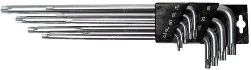 SW-Stahl 5-Stern Winkelschlüssel 9-teilig T10 - T50 - 9-teiliges Set mit 5-Stern-Profil und Stirnlochbohrung, ideal für präzises Arbeiten in der Mechanik und Automobilindustrie.