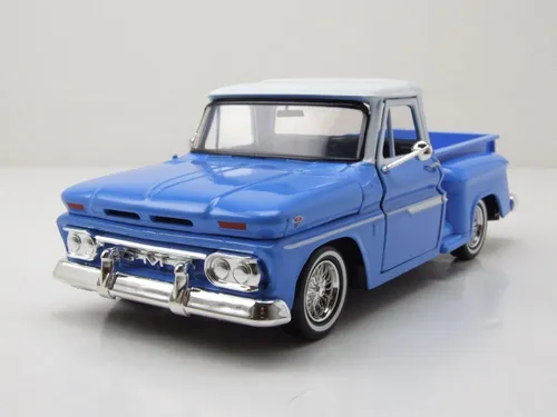 GMC C1000 Pick Up Get Low 1966 Modellauto 1:24 blau weiß - Detailgetreues 1:24 Modell des GMC C1000 Pick Up von 1966. Mit beweglichen Motorhaube und Türen, ideal für Sammler und als Geschenk. Hochwertige Verarbeitung in Die-Cast-Metall.