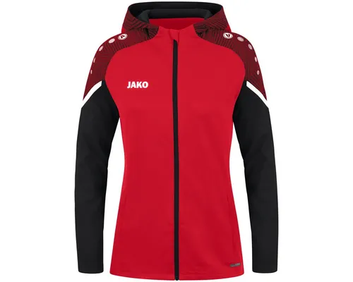 JAKO Damen Kapuzenjacke Performance, Rot/Schwarz, Größe 42 - Funktionsjacke aus 100% recyceltem Polyester, mit praktischen Seitentaschen und stylischen Kontrasteinsätzen für optimalen Tragekomfort und Nachhaltigkeit.