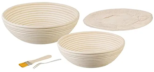 Rosenstein & Söhne Gärkörbchen: 2er-Set Gärkörbe, Ø 25 & 30 cm, Abdecktücher, Gabel, Reinigungspinsel (Brotgärkorb, Brot Backen Zubehör, Backblech)