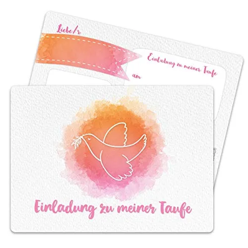 Papierdrachen 12 Einladungskarten zur Taufe - Motiv Taube aquarell rosa - Einladung zur Heiligen Taufe für Mädchen und Jungen - hochwertig gedruckt in DIN A6