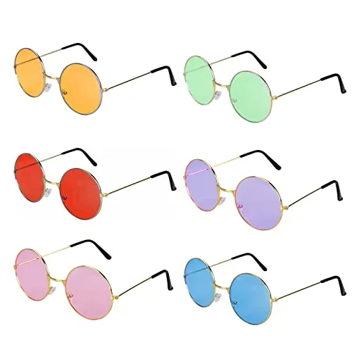MIVAIUN 6 Paar Hippie Brille Sonnenbrille Rund Accessoires Partybrillen, Vintage Rundbrille Farbige Gläser für 60er 70er Jahre Party Kostümzubehör, Retro Brille Vintage Kleine Brille für Party(Bunt)