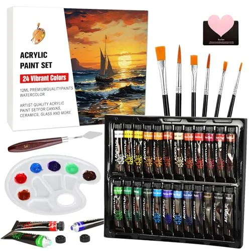 UCAMP 41 Pcs Acrylfarben Set,Satz von 24 farbe 12ml Tuben,mit 12 Pinseln,2 Leinwand,1 Mischpalette, 1 Spachtel,1 eine Grußkarte,für Künstler,Anfänger,Malen auf Glas, Stein, Keramik, Holz usw