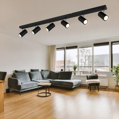 Deckenleuchte Spotleiste 6-flammig - Verstellbare Deckenstrahler für Wohnzimmer - Lampen - Elegante 6-flammige Deckenleuchte aus schwarzem Metall mit beweglichen GU10 Spots, ideal zur individuellen Lichtgestaltung in Ihrem Wohnraum.