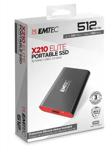 EMTEC X210 512 GB SSD extern tragbar - Externe Festplatte mit 512 GB, USB 3.2 Gen 2 für superschnelle Datenübertragung und stoßfestem Design, ideal für unterwegs.