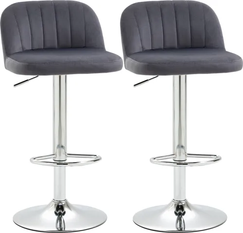 HOMCOM Set mit 2 hohen Küchenhockern, gepolstert mit Samt, Barhocker mit höhenverstellbarem Drehsitz und Fußstütze, Belastung 120 kg, 43 x 45 x 81–101 cm, Grau