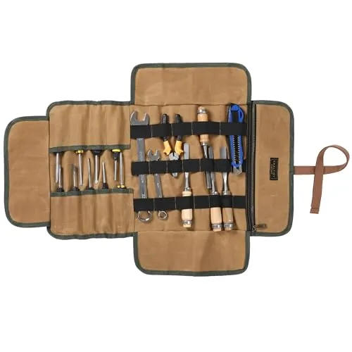 Tool Roll aus 16oz waxed canvas | Werkzeug-Rolltasche mit 9 Schlitzen + elastischen Bandhalterungen | Handwerkertasche für Zangen, Muttern & Schreinerwerkzeuge | Khaki | 60x30cm