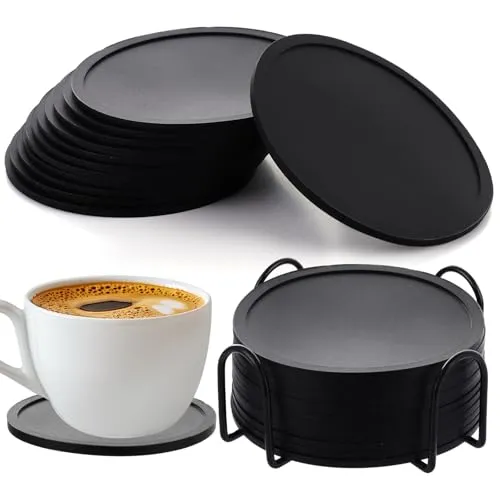 10er Set Silikon Untersetzer Untersetzer Silikon Gläser Runde Design-Glasuntersetzer Getränkeuntersetzer mit Edelstahlständer für Tisch Schreibtisch Büro Küche Bar Getränke Möbelschutz