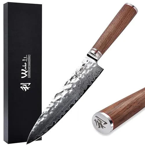 Wakoli Nussbaum Damast Chefmesser 20 cm – Hochwertige Klinge aus japanischem Damaststahl - Küchenmesser | WAKOLI Nussbaum Chefmesser mit 20 cm Klinge aus 67 Lagen Damaststahl für extreme Schärfe und Langlebigkeit – ideal für professionelle und Hobbyköche.