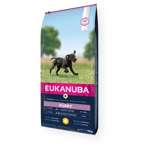 Eukanuba Welpenfutter mit frischem Huhn für große Rassen, 15 kg - Premium Hundefutter für Welpen großer Rassen, mit DHA für bessere Lernfähigkeit und Kalzium für gesunde Knochen. Enthält frisches Huhn für schmackhafte, leicht verdauliche Ernährung.