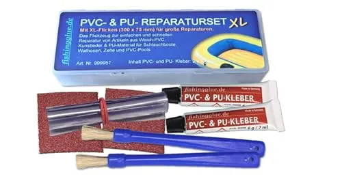 fishingglue.de PVC- & PU-Reparatur-Set XL, Wasser- & UV- beständiges Flickzeug für Schlauchboot Zelt Pool Gewebe Planen Markise Isomatte Luftmatratze aus Vinyl, PVC, PU bis 60 °C wärmestabil