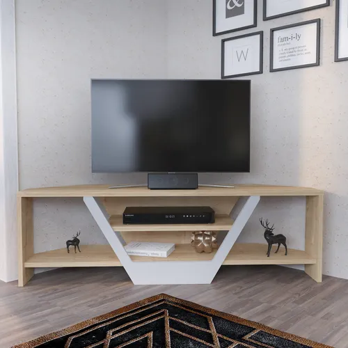 TV Möbel Fernsehtisch Lowboard in Weiß-Eiche - Stylisches Lowboard für Fernseher bis 120 cm, gefertigt aus melaminbeschichteter Spanplatte. Ideal für ein modernes Wohnambiente und bietet viel Stauraum.
