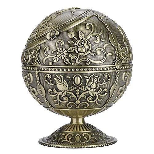 Wifehelper Winddichter Aschenbecher, Vintage Art Craft Portable Tischplatte Metall Aschenbecher mit Deckel Metall Runde Kugel Prägung Muster Geschenk Dekoration (Antik Messing)