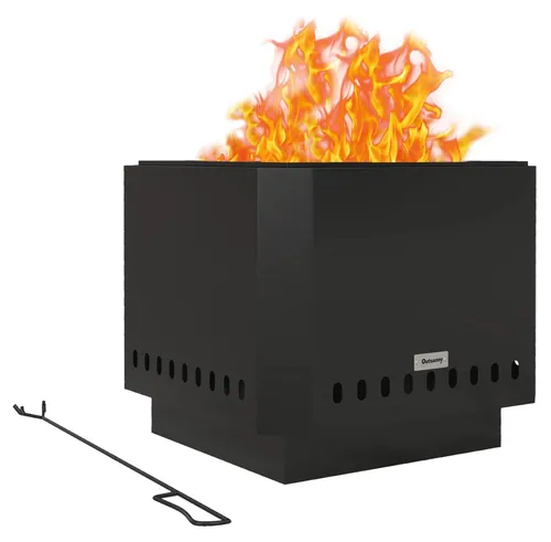 Feuerschale Feuerstelle mit Schürhaken – 48 x 48 x 41 cm, Schwarz