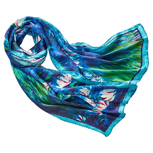Prettystern Damen blau green lang Seide blau grün bunter Schal 160cm Art Kunst-Motiv Monet Wasserlilien Seerosen P551