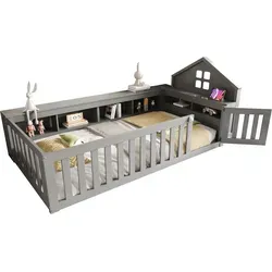 Kinderbett mit Lattenrost und Zaun, 90x200 cm, Jugendbett, Einzelbett, Rausfallschutz, Stauraum, Kiefer - Grau