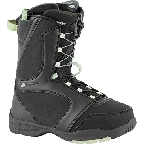 Nitro Damen Flora Tls 22 Snowboardboot, BLACK-MINT, 265 EU - Snowboard-Boots mit optimaler Passform und weichem Flex, ideal für Fortschritte am Berg. Der Interlock Cloud Liner sorgt für Wärme und Halt, während die robuste Rubber Outsole perfekten Grip bietet.