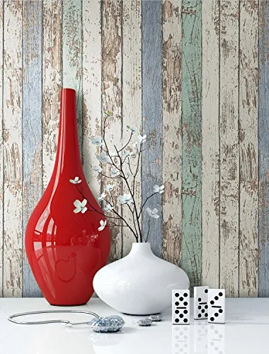 Tapete Vlies Holz Muster in Beige Blau Grün | schöne edle Tapete im Antikholz Design | moderne 3D Optik für Wohnzimmer, Schlafzimmer oder Küche inkl. Newroom-Tapezier-Profibroschüre mit super Tipps!