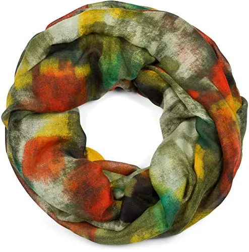 styleBREAKER Damen Loop Schal mit abstraktem Pinselstrich Muster, Schlauchschal mehrfarbig bunt, Tuch 01017130, Farbe:Grün-Orange-Gelb