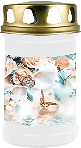 HS Candle Grabkerze Grablicht (Schmetterling) - ca 48h / 2 Tage Brenndauer je Kerze (14,5cm, Ø 7cm) - versch. Designs