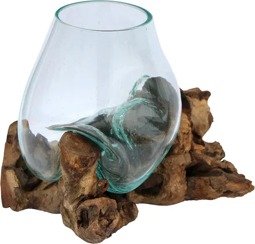Wogeka Handgefertigte Deko Glasvase – Unikat aus Wurzelholz & Teak Holz - Einzigartige Vase aus handgeblasenem Glas auf Wurzelholz, perfekt für stilvolle Tischdeko. Jedes Stück ist ein Unikat und bringt natürliche Eleganz in Ihr Zuhause.