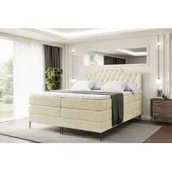 ALTDECOR Boxspringbett mit Schwarz Füßen, Matratze und Lattenrost, Topper, Polsterbett mit Bettkasten, Bett mit Stauraum H3- und H4- Matratze, Do... - Beige