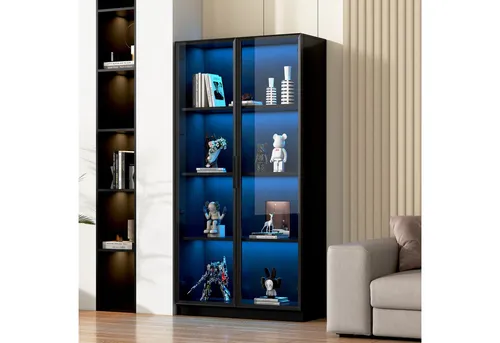 STILVORA Standvitrine mit LED-Beleuchtung und Rollregalen, 2-türiger Hochschrank schwarz