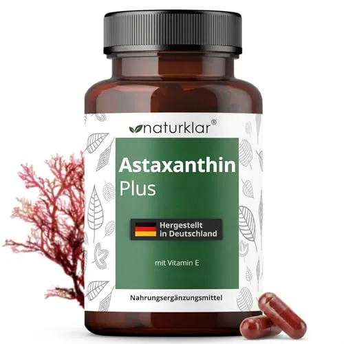 Naturklar Astaxanthin 12 mg Kapseln - Hochdosierte Kombination für Ihr Wohlbefinden - Pflanzenextrakte – Vegan & rein, 60 Kapseln mit 12 mg Astaxanthin und Vitamin E für 4 Monate optimale Versorgung.