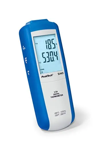 PEAKTECH 5140 - Digital-Thermometer, -200 bis +1372°C - Temperatur- / Feuchtemessgeräte, hochpräzises K-Typ-Thermometer mit Dual-Eingang für Laborgenauigkeit und schnelle Reaktionszeit, ideal für Industrie und Lebensmittel.