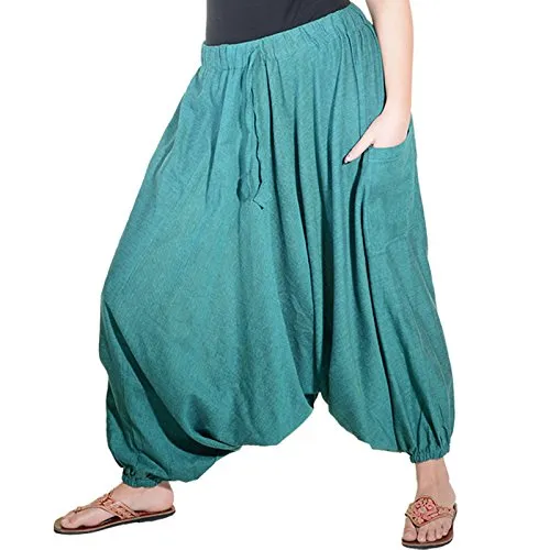 Kunst und Magie Orientalische Haremshose - Unisex in Schwarz/Grün - Bequeme Aladinhose aus 100 % handgewebter Baumwolle, ideal für Babys. Klassischer Schnitt mit Gummizug und Kordel für perfekten Sitz.