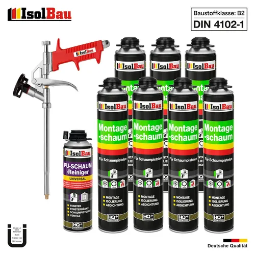 Pistolenschaum Bauschaum Montageschaum 7x 750ml + 1x PU-Reiniger + Schaumpistole - Dichtstoffe & Fugenmittel: Komplettset mit 7x PU-Schaum, Reiniger und Schaumpistole, ideal für Abdichten und Dämmen, härtet schnell und bietet hohe Resistenz gegen Schimmel.