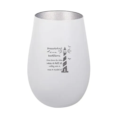 Der-Porzellan-Laden Windlicht mit Gravur Freundschaft ist wie EIN Leuchtturm, Weiß Silber, Teelichthalter aus Glas mit Spruch, Tischdeko modern