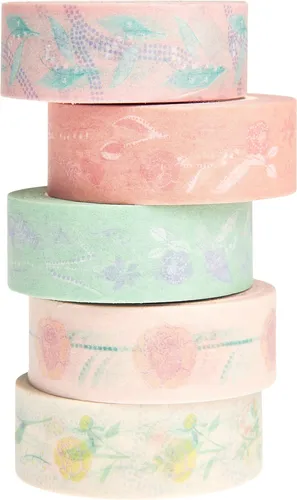 Rico Design Tape Set Blumen Pastell 5 Rollen 1.5 cm breit 10 m lang Dekoband