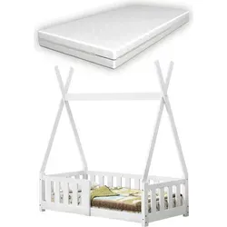[en.casa] Kinderbett mit Matratze 70x140cm im Tipi Design - Kinderzimmermöbel mit stabilem Kiefernholz, Rausfallschutz und orthopädischer Matratze für optimalen Schlafkomfort. Ideal für ein gemütliches Kinderzimmer!