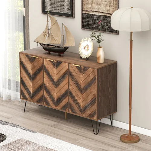 MODFU Sideboard,BeistellschrankKommodeAufbewahrungsschrankBuffetschrank mit drei Türen aus Massivholzfurniermit Laminate & Stauraum,Braun
