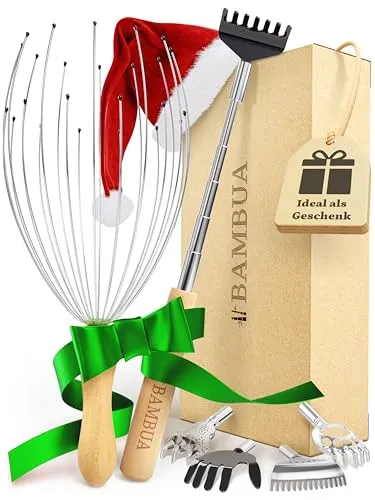 BAMBUA® Geschenkset für Massage und Entspannung - Kopfmassagegerät & Rückenkratzer - Nachhaltiges Wellness Geschenk für Männer und Frauen, inkl. Geschenkverpackung - Ideal zum Verschenken