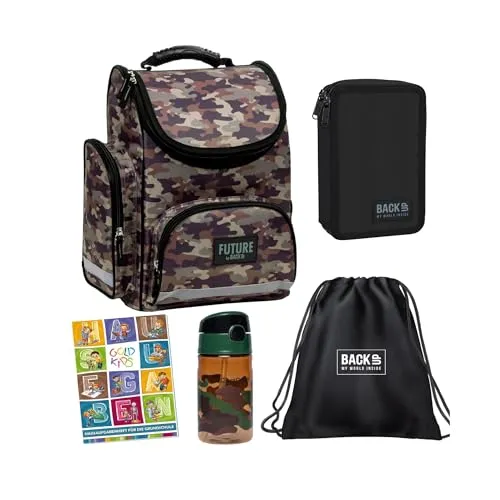 Goldkids - Schulranzen für Jungen und Mädchen, 5er-Set - Schul-Rucksack für Kinder mit Federmäppchen - Schuhbeutel Trinkflasche und Hausaufgabenheft- Camouflage-Design