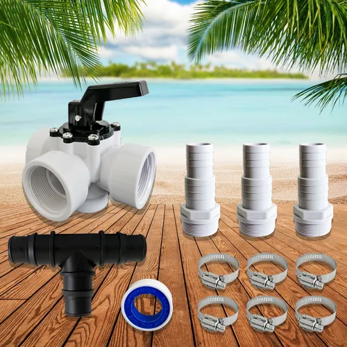 PoolSun Bypass Set - Pool Adapter für Poolheizung - Effizientes 3-Wege-Ventil für gezielte Durchflusskontrolle, ideal zur Optimierung der Heizleistung bei Wärmepumpen und Solaranlagen. Passend für Schwimmbadschläuche mit 32mm und 38mm Durchmesser.