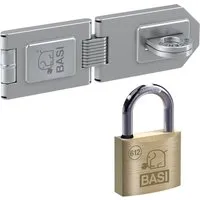 BASI Sicherheits-Stallriegel mit Vorhangschloss - Türriegel-Set mit korrosionsbeständiger Sicherheitsüberfalle und robustem Messing-Vorhangschloss für optimale Sicherheit von Kisten und Kellerräumen.