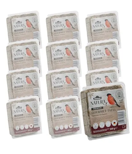 Dehner Natura Premium Wildvogel Futtertafel mit Beeren, 12x300 g - Vogelfutter für ganzjährige Fütterung, reich an Nährstoffen und verfeinert mit köstlichen Beeren für gesunde Gartenvögel.