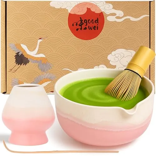 Goodwei Matcha Latte Set aus Keramik – Traditionelles Tee Set mit Ausgießer und Bambus Zubehör - 🍵 Ideal für cremigen Matcha Latte: Dieses handgefertigte Set umfasst eine große Matchaschale mit Ausgießer und einen hochwertigen Matchabesen aus Bambus für perfekten Schaum. Genießen Sie traditionellen Teegenuss in modernem Design!