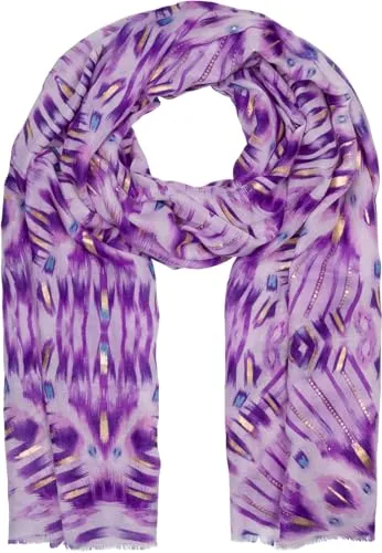 styleBREAKER Damen Schal Batik Shibori Muster mit Metallic Streifen, Leichtes Ethno Tuch mit kurzen Fransen 01016228, Farbe:Flieder-Violett