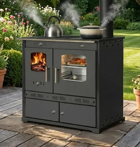 Prometey Gartenkamin Outdoor-Küchenofen ECO LUX INOX - Eleganter Gartenkamin für stilvolles Grillen im Freien. Aus robustem Edelstahl, mit einem Gewicht von 92 kg für hohe Stabilität. Ideal für gesellige Abende im Garten.