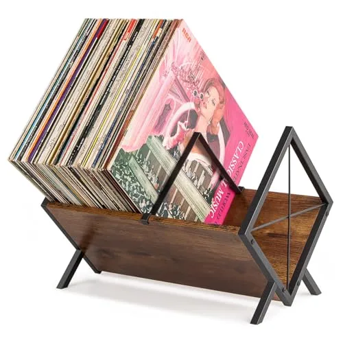 PUERSI Schallplatten Aufbewahrung, 80 LPs Schallplattenständer, 1 Etage Vinyl Regal mit Verstellbarer Trennwand, Vinyl Schallplatten Zubehör, Organisator für CD, Alben, Zeitschriften, Buch - Braun