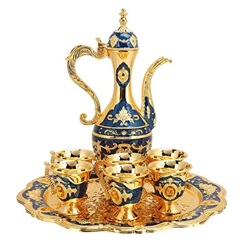 Vintage Türkische Kaffeekanne Set, Teekanne Kit Mit Tablett 6 Teegläser Kaffeetassen Kaffekanne Marokkanische Tea Party Heimkunst Handwerk Hochzeit Einweihungsgeschenk Teeservice (Blau)