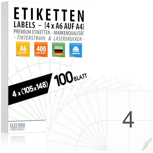 Etiketten DIN A6-105x148 mm selbstklebend (4 Stück pro DIN A4 Bogen) - 100 Blatt - 400 Etiketten, matte weiße Oberfläche, Tinten- und Laserdrucker, Inkjet & laser Versandlabels - MADE IN GERMANY